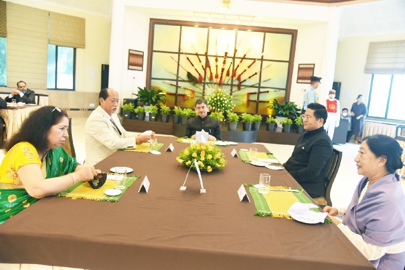 Governor RN Ravi, Chief Minister, Neiphiu Rio and their wives and Speaker NLA, Sharingain Longkumer during the 'Governor's At Home' luncheon meeting at Raj Bhavan, Kohima on August 15. (Photo Courtesy: PRO Raj Bhavan)